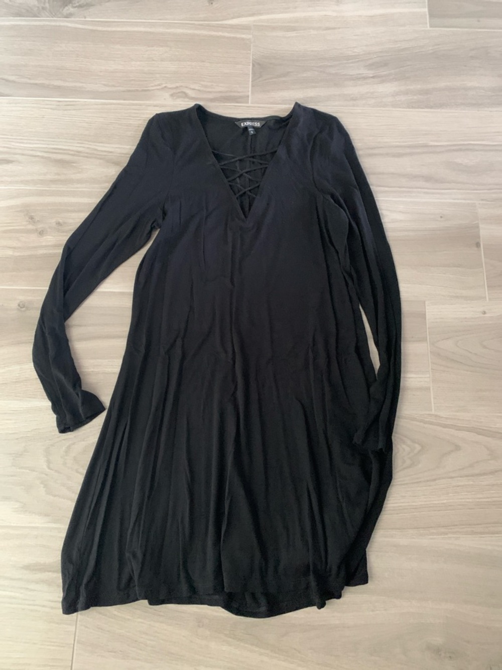 Express Black Long-Sleeve Lace-Up V-Neck Swing Dress